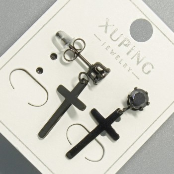 Náušnice pecky «Kříž» Xuping černé s černým krystalem, rozměry 10×18 mm, délka 24,5 mm+