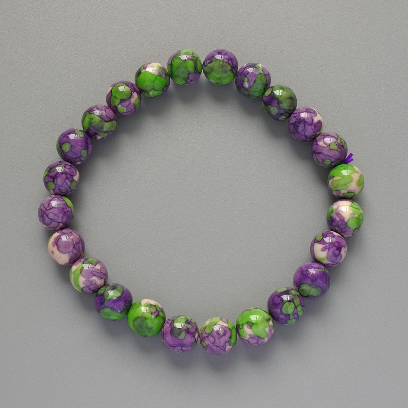 Náramek „Variscit“ (umělý akryl) fialové, bílé a zelené barvy, hladká kulička, průměr 8,5 mm, délka 18 cm +- (elastický)