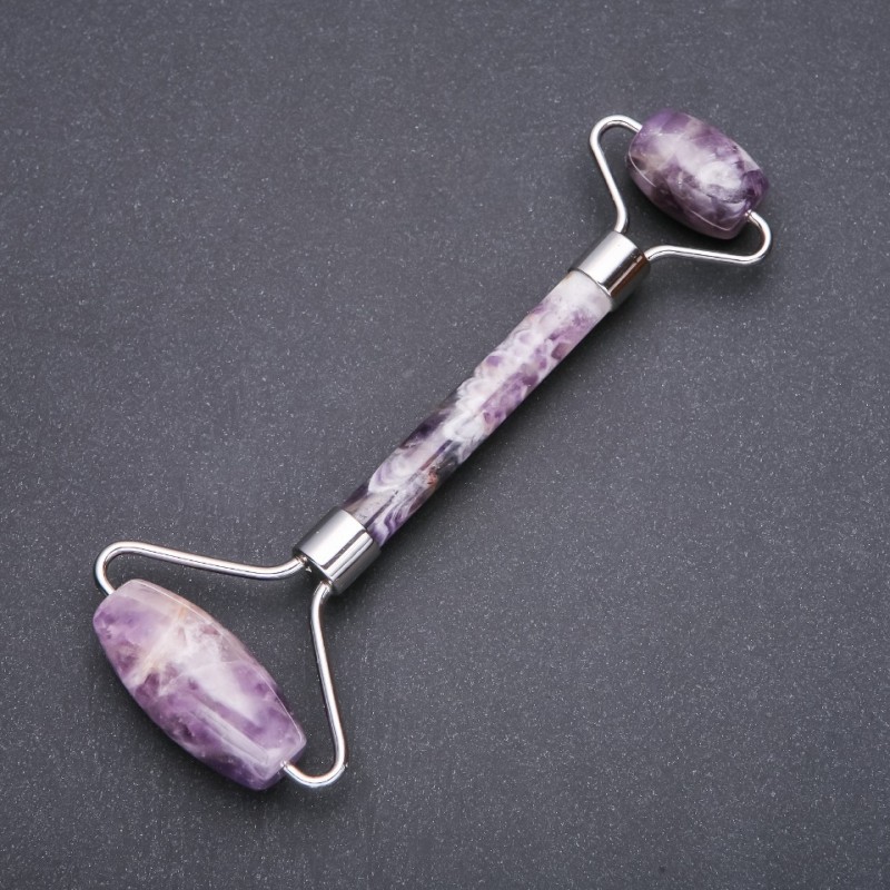 Dvoustranný masážní kámen z ametystu, délka 14,5 cm, stříbrný kov