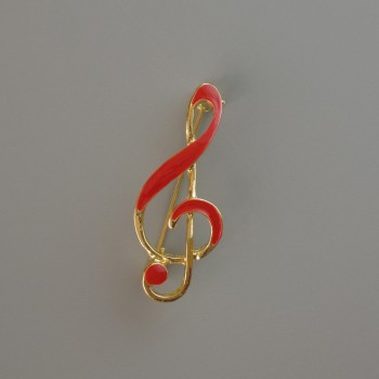 Brož houslový klíč, červený smalt, zlatý kov, 38 × 16 mm
