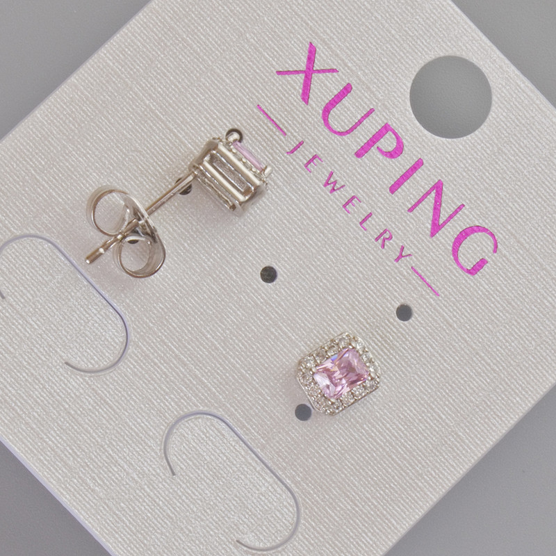 Náušnice peckové Xuping s růžovým krystalem a bílými štrasovými kamínky, průměr 6,5×5,5 mm, rhodiované