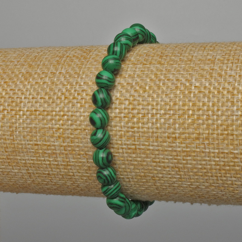 Náramek z malachitu (umělý) - hladké kuličky, průměr 6 mm ±, délka 18 cm ± (na gumičce)