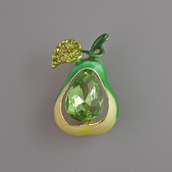 Brož ve tvaru hrušky, zelená smaltovaná, krystaly a štras, zlatý kov, 25×17 mm