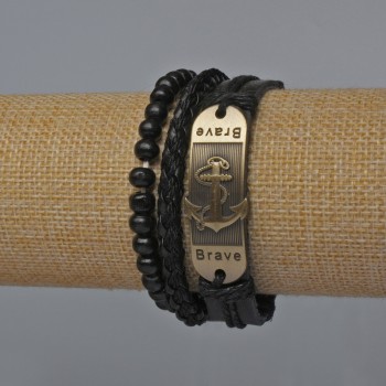 Pánský náramek, sada ze tří kusů ekokoże, černé barvy (s uzávěrem a elastickým prvkem)