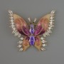 Motýlí brož s fialovými a bílými krystaly, béžová a malinová emailová barva, zlatistý kov 45×52 mm