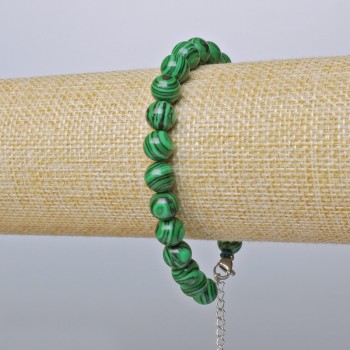 Náramek z malachitu (umělý), hladké korálky, průměr 8 mm, délka 19–24 cm, + - (stříbrná karabinka)