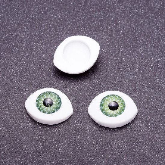 Kovové komponenty „Živé oči“ pár zelená zornice, průměr 10 mm, 19×14 mm, balení 20 párů
