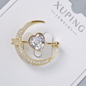 Brož Xuping „Srdce“ s bílým krystalem a bílými štrasovými kamínky 24×27 mm, kov světle zlaté barvy, pozlacení
