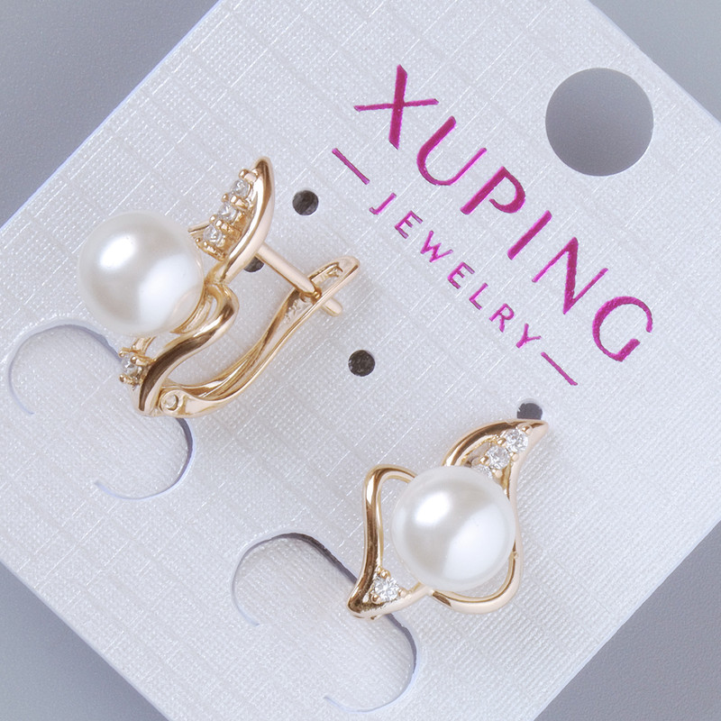 Náušnice Xuping s bílými krystalky a korálkem, průměr 18×12 mm, pozlacené 18K
