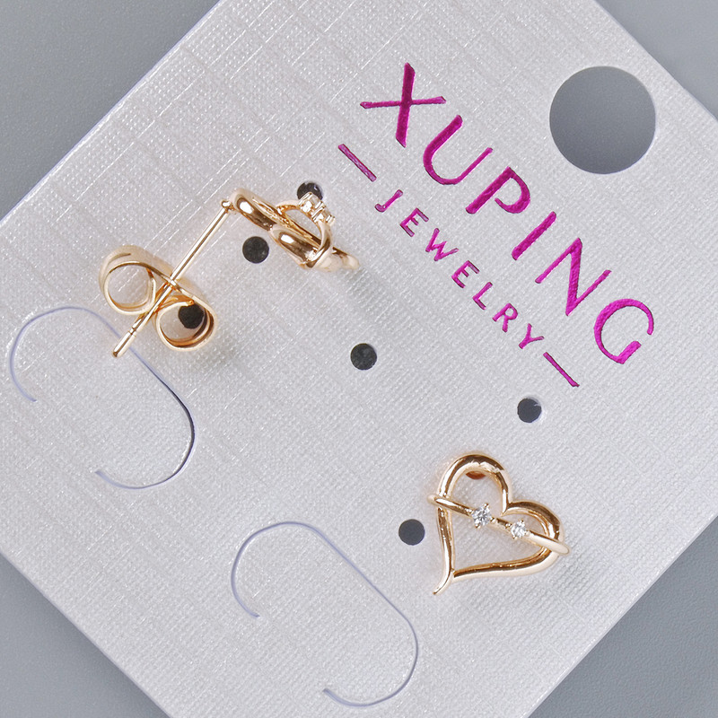 Náušnice peckové «Srdce» Xuping s bílými štrasovými kamínky, průměr 9,5×9,5 mm – pozlacení 18K