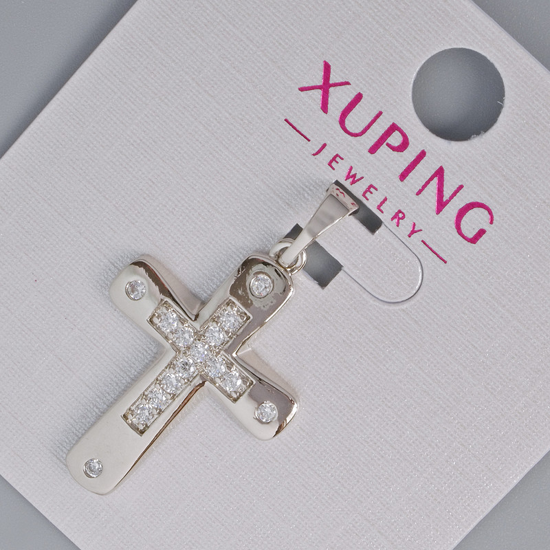 Přívěsek „Kříž“ Xuping s bílými štrasami, průměr 26×17,5 mm, délka 31 mm, rhodiovaný