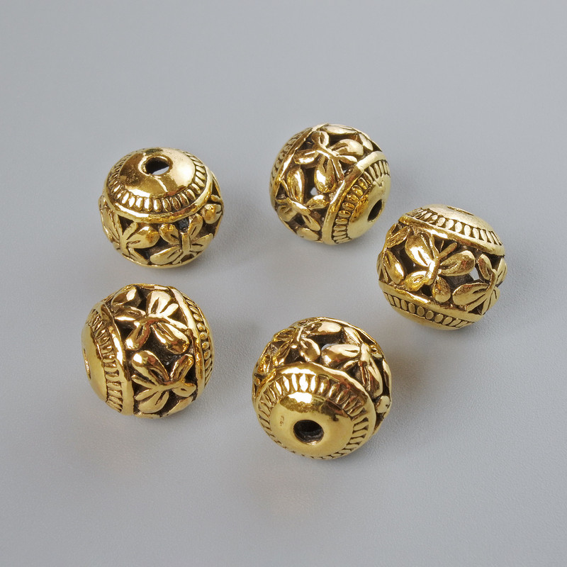 Zlatá korálka‑vlozka, průměr 10×10,5 mm, otvor 1,9 mm, balení 5 ks, zlatý odstín kovu