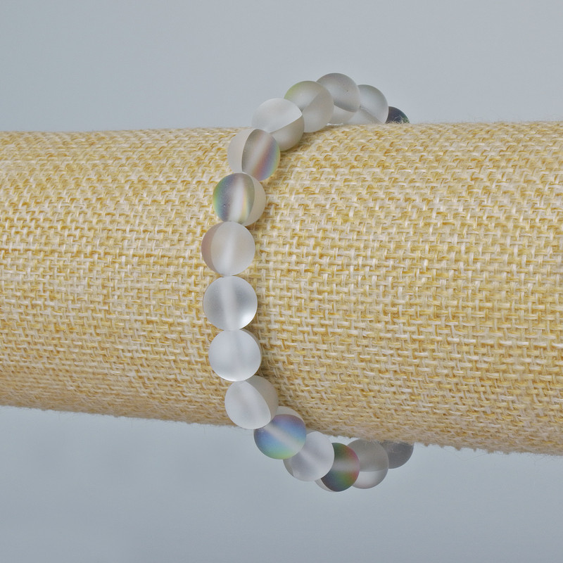 Náramek z opálového skla, hladká korálka, barva světlešedá, matný chameleon, průměr 8 mm, délka 18 cm (elastický)