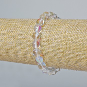 Náramek z opálového skla – hladká kulička, barva bílá průhledná, chameleonový efekt, průměr 8 mm, délka 18 cm (elastický)