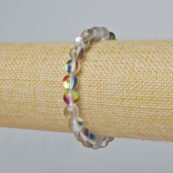 Náramek z opálového skla – hladká kulička, barva bílá průhledná s chameleonovým leskem, průměr 8 mm ±, délka 18 cm ± (elastický)