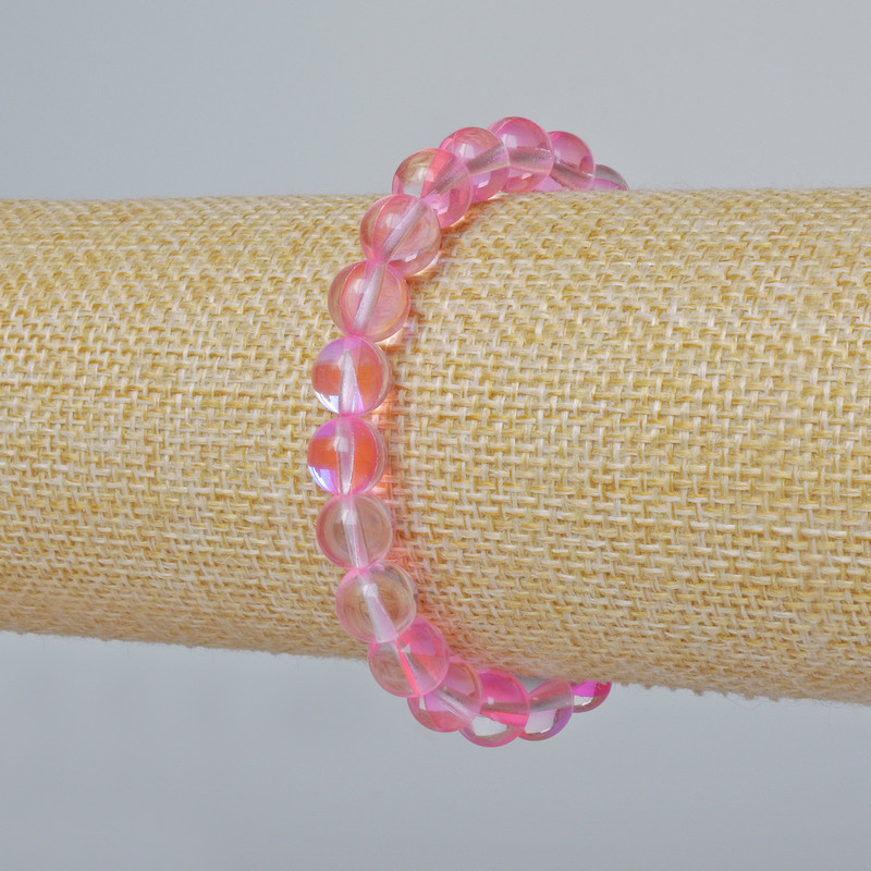 Náramek z opálového skla, hladké korálky, růžový průsvitný chameleonový efekt, průměr 8 mm, délka 18 cm (elastický)