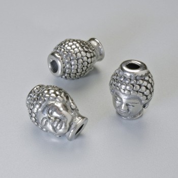 Kovový komponent korálková vložka „Budda“, průměr 13×10 mm, otvor cca 2,7 mm, stříbrný odstín kovu, 1 ks