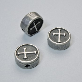 Kování – korálka-vložka «Kříž», rozměr 10×4 mm, 5 mm ±, otvor průměr 1,8 mm, tmavě stříbrná barva kovu, 1 ks