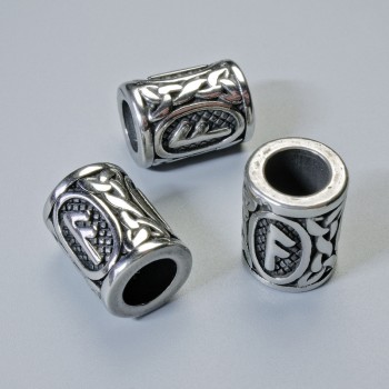 Kovová korálková součástka „Skandinávská runa“, průměr 13×10 mm, otvor 6 mm, stříbrná barva kovu, 1 ks