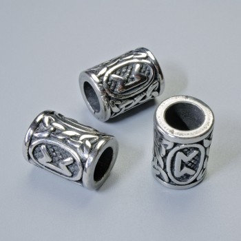 Kovový korálek Severská runa, průměr 13×10 mm, díra průměru 6 mm, stříbrná barva kovu, 1 ks