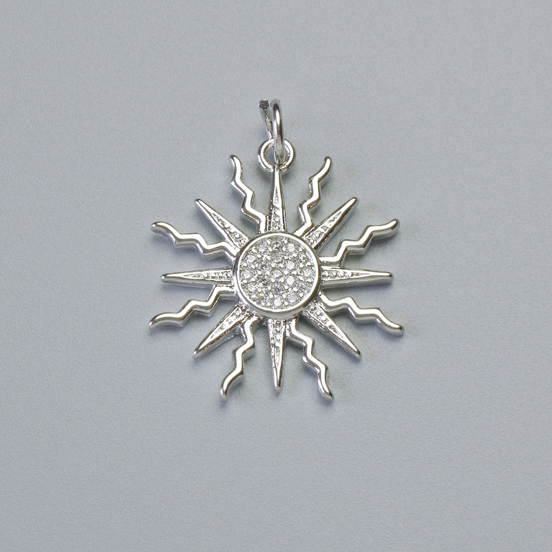 Přívěsek «Slunce» se bílými štrasami, stříbrný kov, průměr 21×20 mm+
