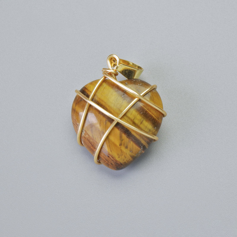 Přívěšek „Srdce“ tygří oko v zlatistém opletení, průměr 20×20 mm, délka 30 mm+