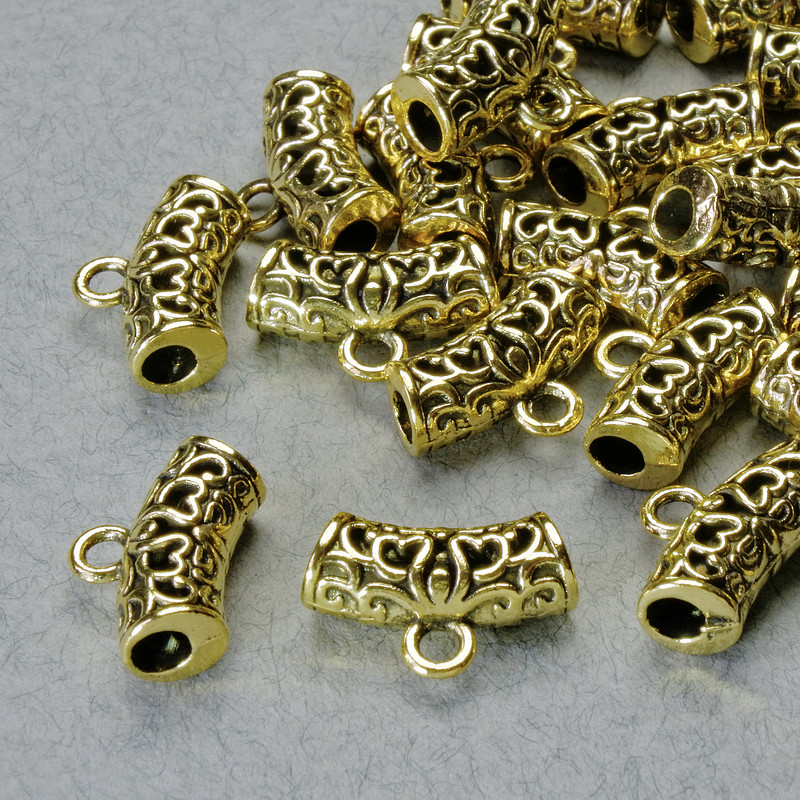 Držák poutka Bail, průměr 14×5 mm, průměr otvoru 1,8 mm a 2,5 mm, délka 9 mm, zlatá barva kovu, obsah balení 20 g ± 20 ks