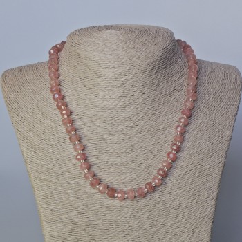 Náhrdelník z růžového křemene, granované rondely a drobné skleněné korálky, průměr 8×6 mm ±, délka 45–47 cm