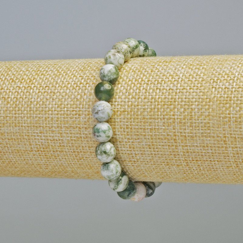 Náramek z mechového achátu, přírodní kámen, hladká kulička, průměr 8 mm ± (elastický), délka 18 cm+