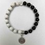 Náramek z černého a bílého achátu, hladké korálky, průměr 8 mm ±, délka 18 cm ±, s kovovými vložkami