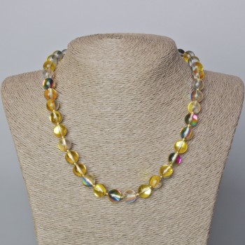 Náhrdelník z opálového skla – žlutý průhledný chameleon, hladké kuličky, průměr cca 10 mm, délka 45–47 cm