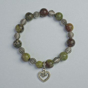 Náramek z jaspisu «Krev draka» s hladkými kuličkami o průměrech 10,5 mm a 8 mm ± (elastická šňůra), délka 18 cm ± s kovovými vložkami