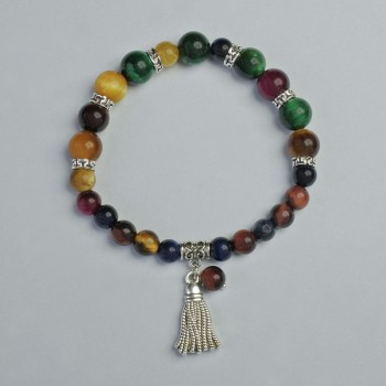 Náramek z kočičího oka, mix barev, průměr 6 mm a 8 mm ±, elastický, délka 18 cm ±, s kovovými vložkami