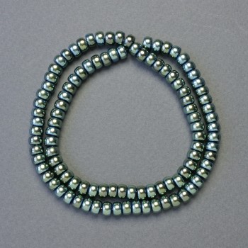 Hematitové korálky rondelového tvaru, zelený chameleon, průměr 6×4 mm, délka cca 42 cm