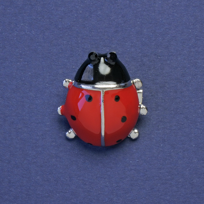 Brož Beruška – červená a černá smaltovaná, černé štrasové kamínky, barva kovu: stříbrná, 21×19 mm+