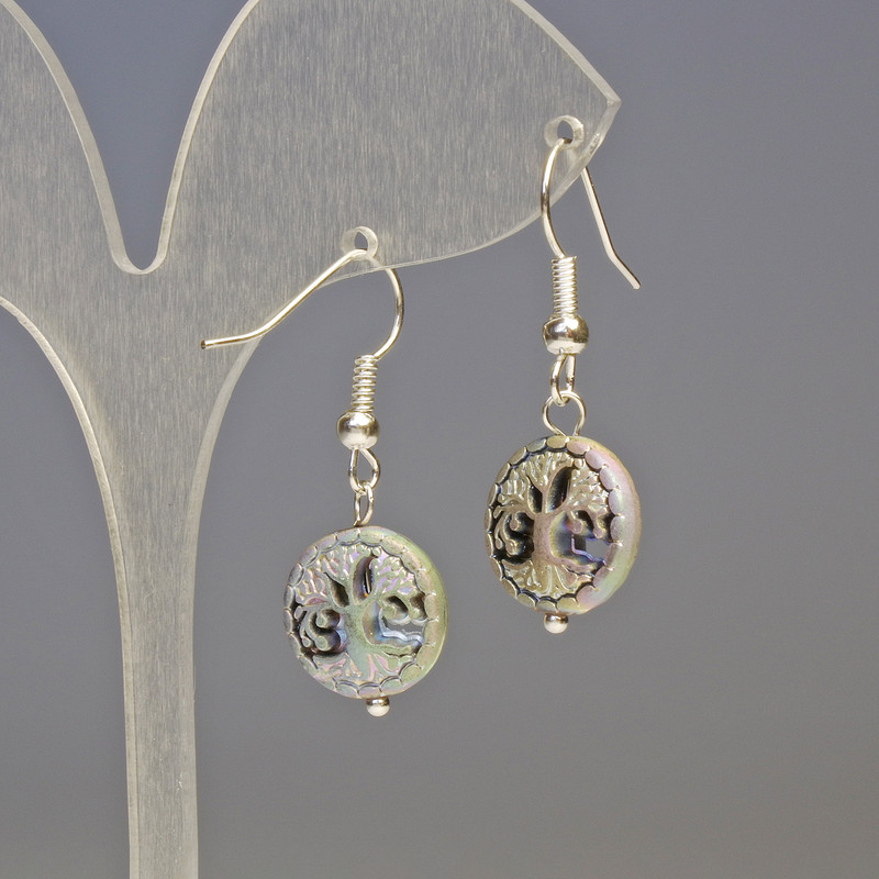 Náušnice z hematitu, modré dřevo a stříbro, průměr 12×4 mm, délka 3,2 cm