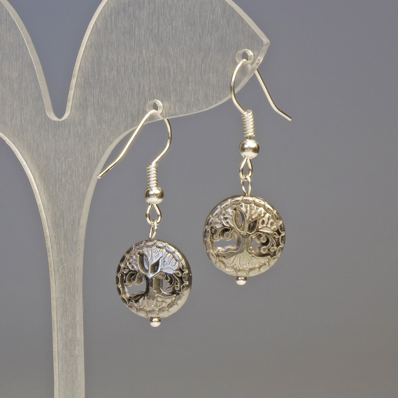 Náušnice z hematitu a dřeva, stříbrné, průměr 12×4 mm, délka 3,2 cm