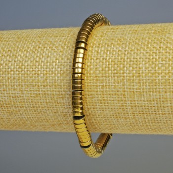 Náramek z hematitu tmavě zlaté barvy, rondelové korálky o průměru 6×2 mm, délka 18 cm, elastická šňůra