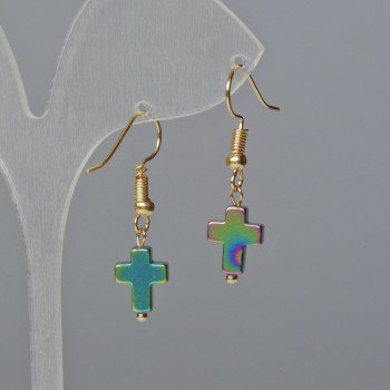 Náušnice z hematitu „Kříž“ v barvě chameleon, průměr 8,5 × 10,5 mm, délka 3 cm ±