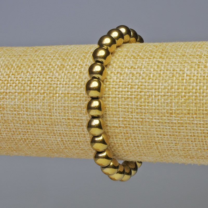 Náramek z hematitu – hladké kuličky, zlatý odstín, průměr 8 mm, délka 18 cm, elastický