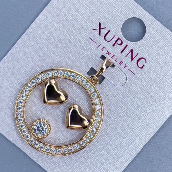 Přívěšek Xuping „Dvě srdce“ se světlými krystaly, průměr 26 mm, tloušťka 3 mm, délka 32 mm, pozlacený