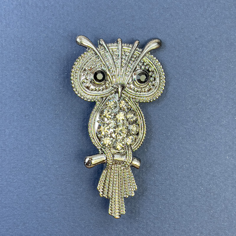 Brož Sova černé a šedé štrasové kamínky, stříbrný kov, průměr 34 mm +/-