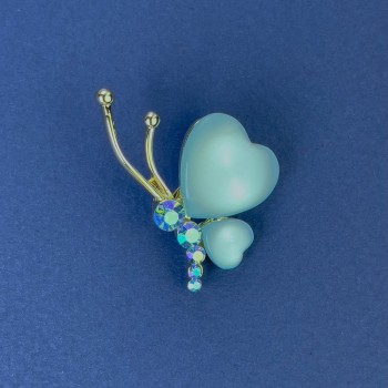 Brož Motýlek, průměr 34×21 mm ± modré kočičí oko, krystaly, zlatý kov