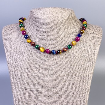 Náhrdelník z tygřího oka, kočičího oka a býčího oka, hladké korálky o průměru cca 8 mm, délka cca 45 cm, s uzávěrem