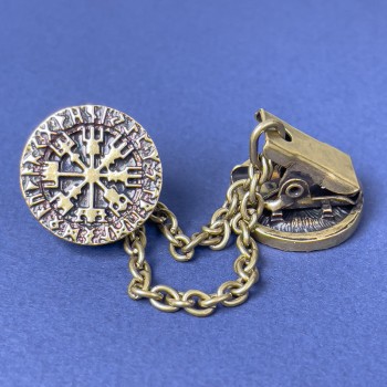 Brož pro kardigany, bronzová barva kovu, průměr 20 mm ±, řetízek, délka 9 cm ±