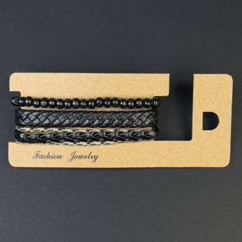 Trojitý náramek z ekokůže na stažení, délka 18–24 cm, korálky 6 mm