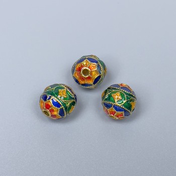 Korálka Cloisonné – barevný smalt, červená, zelená, modrá a žlutá, průměr 9 mm, díra 1,5 mm, kov zlatisté barvy, 1 ks
