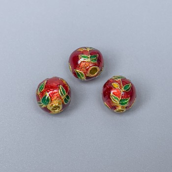 Korálka Cloisonné červená a zelená, emailem zdobená, průměr 9 mm, otvor 2 mm, zlatistá barva kovu, 1 ks
