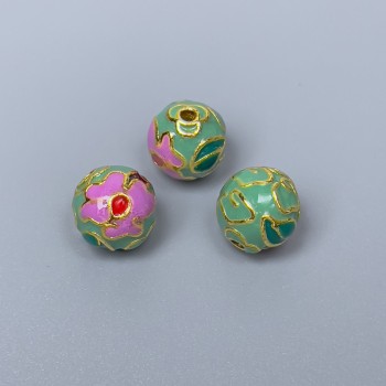 Korálka Cloisonné fialovo-zelená smalt, průměr 10 mm ± otvor 2 mm, zlatý odstín kovu, 1 ks