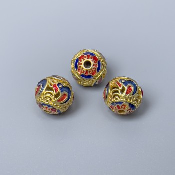 Korálek Cloisonné modro-červený smalt, průměr 10 mm, otvor 1,8 mm, zlatý odstín kovu, 1 ks